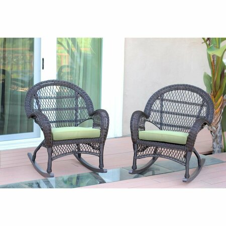 JECO W00208-R-2-FS029-CS Espresso Wicker Rocker Chair with Green Cushion, 2PK W00208-R_2-FS029-CS